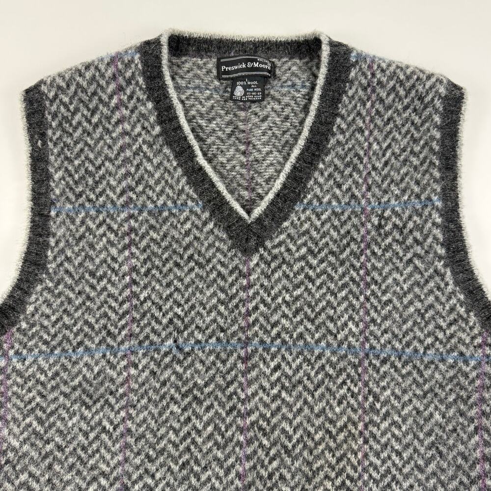 Vintage Gray Wool Stripped Blue Pink Grandpa Sweater Vest Fits like Medium - Picture 2 of 5